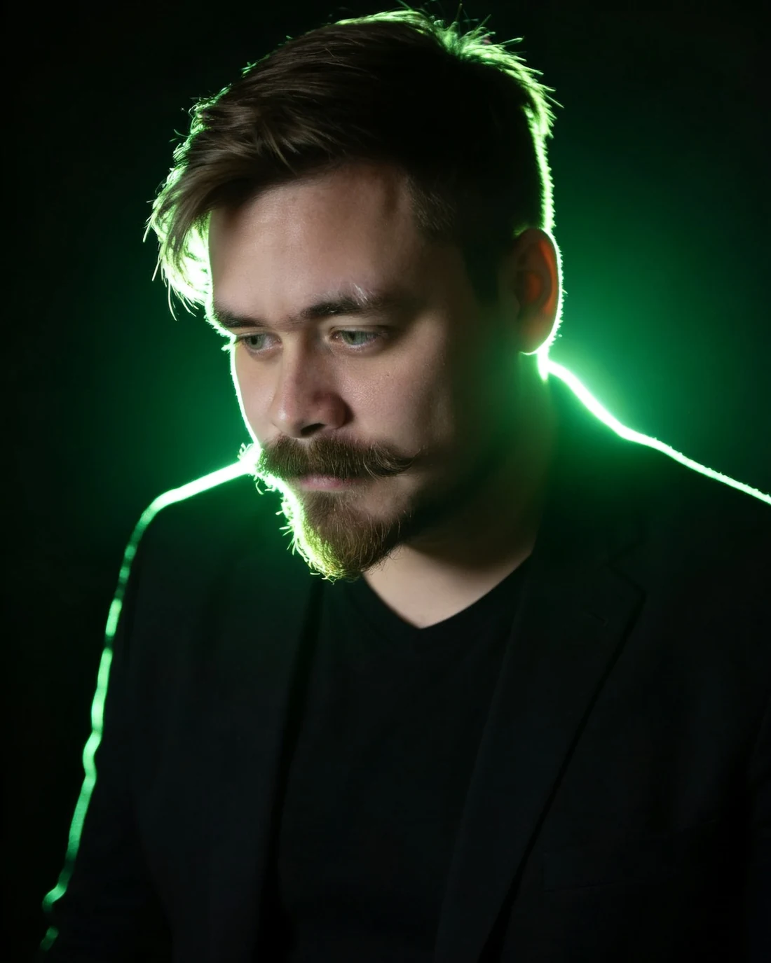 JotaCê Alves, designer da equipe da Dendê Studio, em retrato com luz de recorte verde