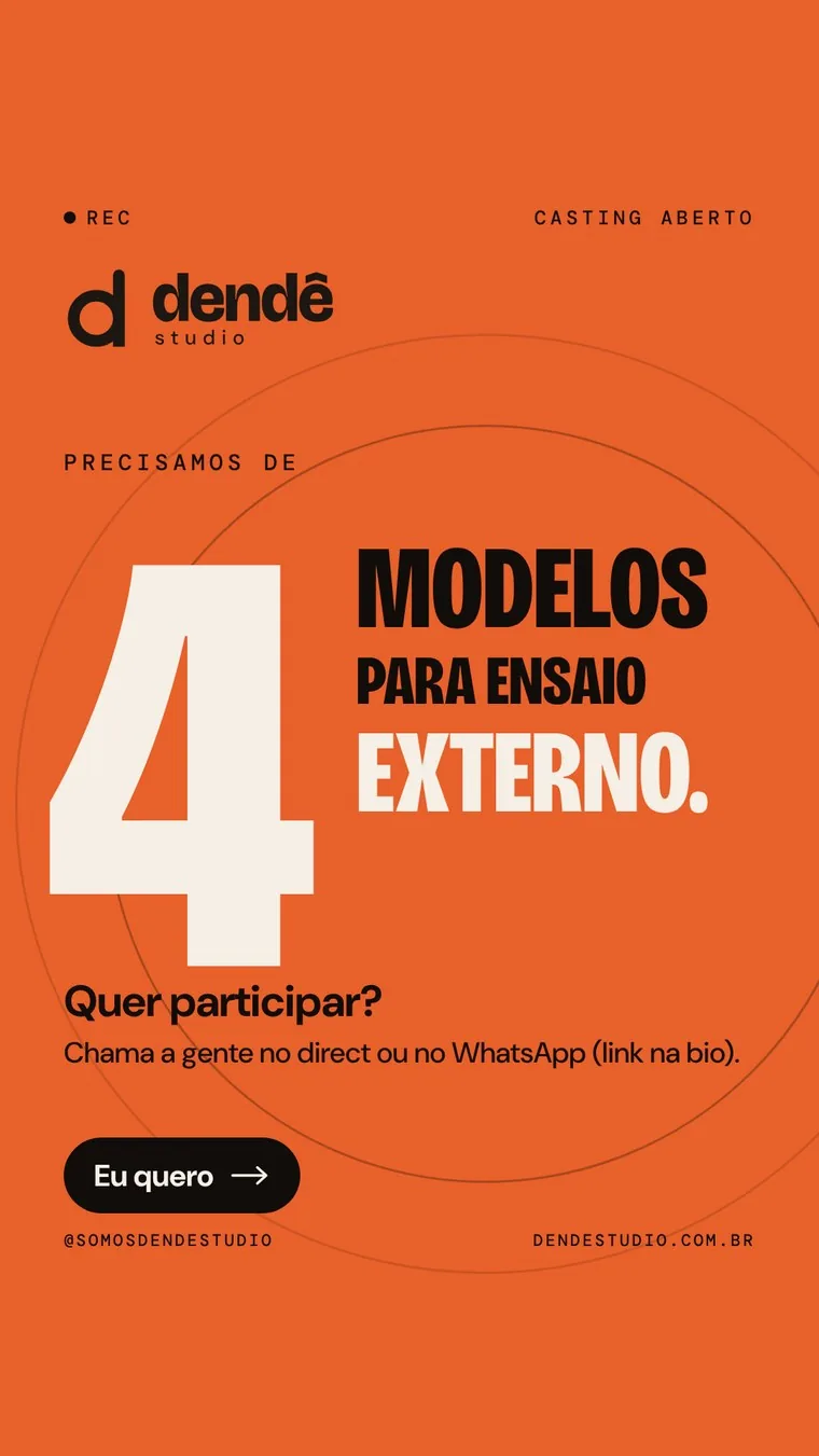 Story “Precisamos de 4 modelos para ensaio externo” em fundo laranja