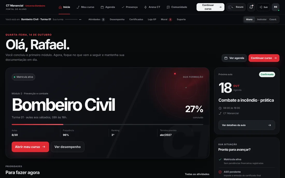 Tela inicial do Portal do Aluno do CT Manancial no computador, com progresso do curso, próxima aula e ranking