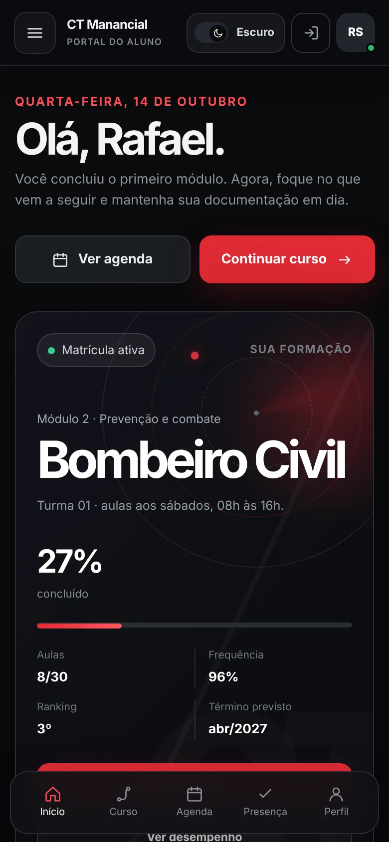 Tela inicial do Portal do Aluno do CT Manancial no celular