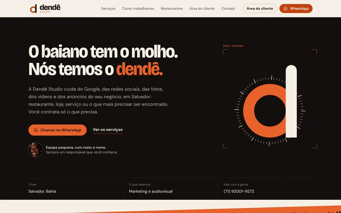 Página inicial do site da Dendê Studio no computador