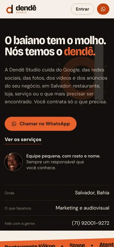 Página inicial do site da Dendê Studio no celular